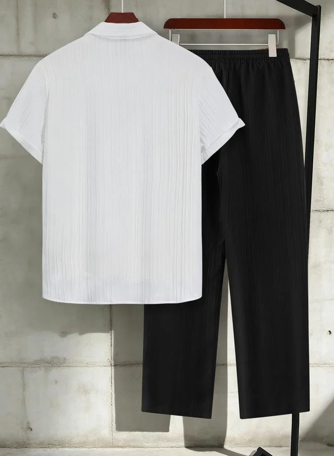 تايك تو طقم قميص بأكمام قصيرة ونسيج بارز وبنطلون برباط